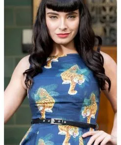 Lady Vintage Lady V Hepburn Tigress Tigers 50's Swing Dress Blue 13 Lady Vintage Lady V Hepburn Tigress Tigers 50's Swing Dress Blue