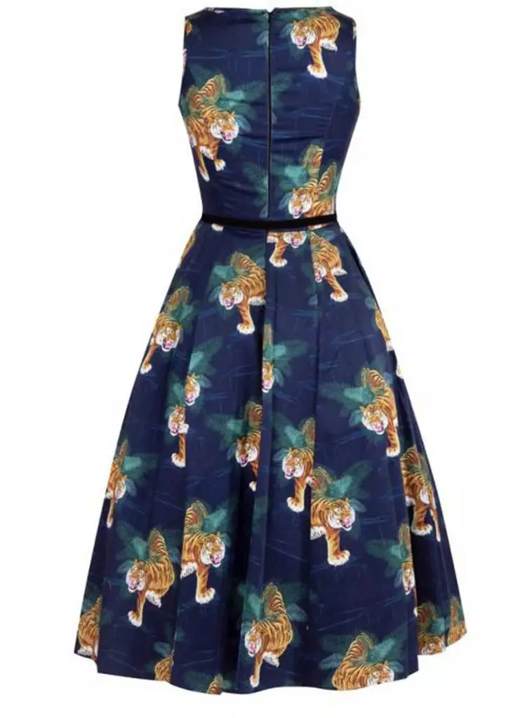 Lady Vintage Lady V Hepburn Tigress Tigers 50's Swing Dress Blue 12 Lady Vintage Lady V Hepburn Tigress Tigers 50's Swing Dress Blue