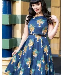 Lady Vintage Lady V Hepburn Tigress Tigers 50's Swing Dress Blue