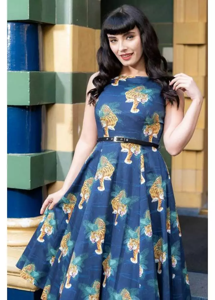 Lady Vintage Lady V Hepburn Tigress Tigers 50's Swing Dress Blue 3 Lady Vintage Lady V Hepburn Tigress Tigers 50's Swing Dress Blue