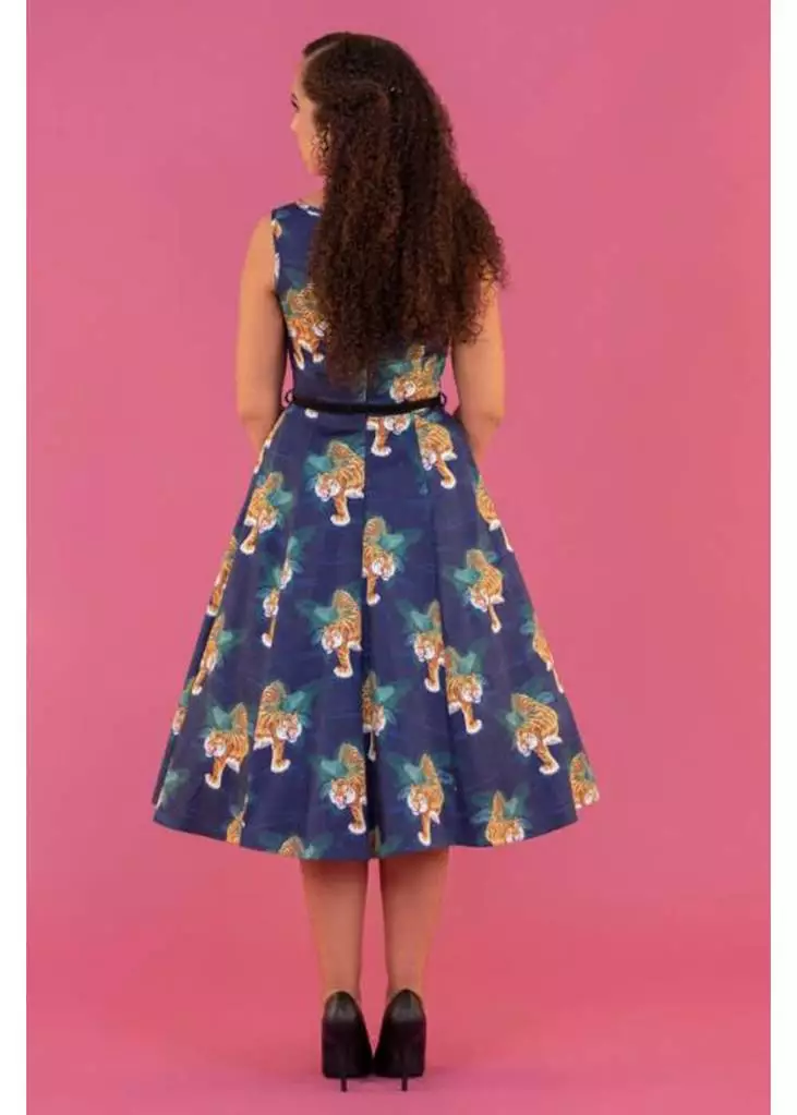 Lady Vintage Lady V Hepburn Tigress Tigers 50's Swing Dress Blue 10 Lady Vintage Lady V Hepburn Tigress Tigers 50's Swing Dress Blue