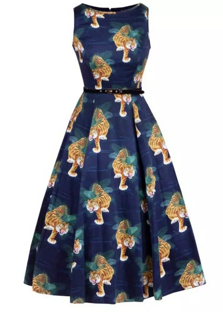 Lady Vintage Lady V Hepburn Tigress Tigers 50's Swing Dress Blue 6 Lady Vintage Lady V Hepburn Tigress Tigers 50's Swing Dress Blue