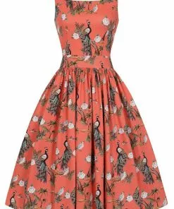 Lady Vintage Dirdle Birds Of A Feather 50's Swing Dress Coral New In