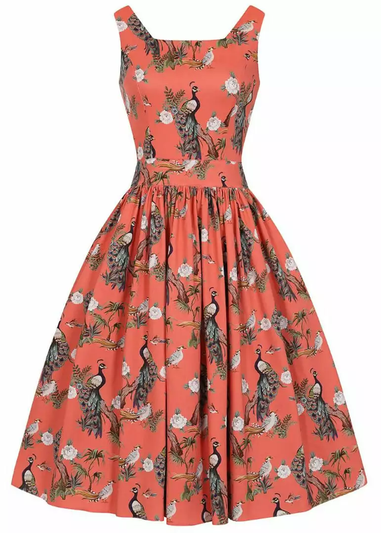 Lady Vintage Dirdle Birds Of A Feather 50's Swing Dress Coral New In 3 Lady Vintage Dirdle Birds Of A Feather 50's Swing Dress Coral New In