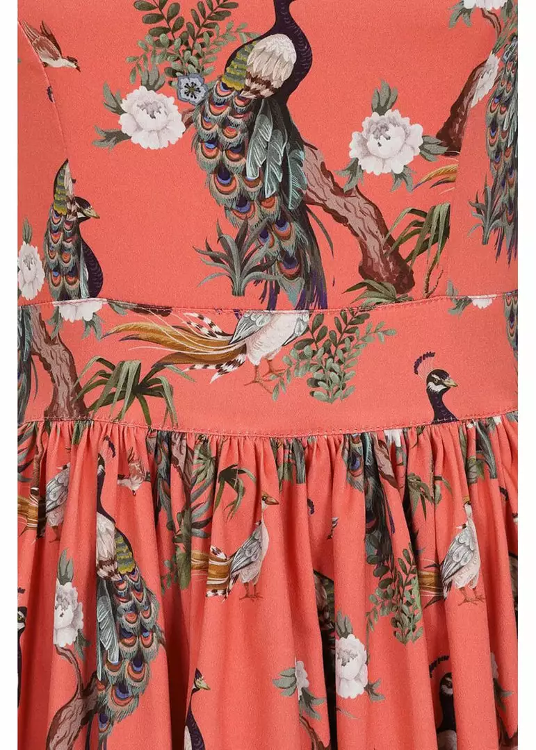 Lady Vintage Dirdle Birds Of A Feather 50's Swing Dress Coral New In 4 Lady Vintage Dirdle Birds Of A Feather 50's Swing Dress Coral New In
