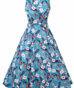 New In Lady Vintage Hepburn Butterfly 50's Swing Dress Blue