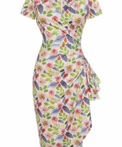Lady Vintage Elsie Pink Poppy 50's Pencil Dress White