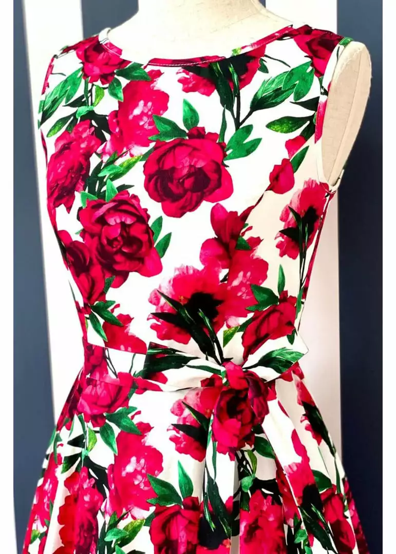 Lady Vintage Hepburn Red Flower 50's Swing Dress White 4 Lady Vintage Hepburn Red Flower 50's Swing Dress White