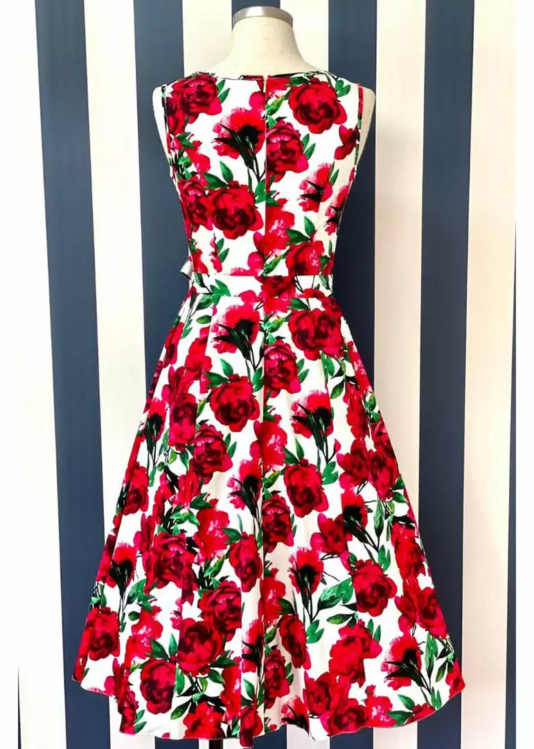 Lady Vintage Hepburn Red Flower 50's Swing Dress White 5 Lady Vintage Hepburn Red Flower 50's Swing Dress White