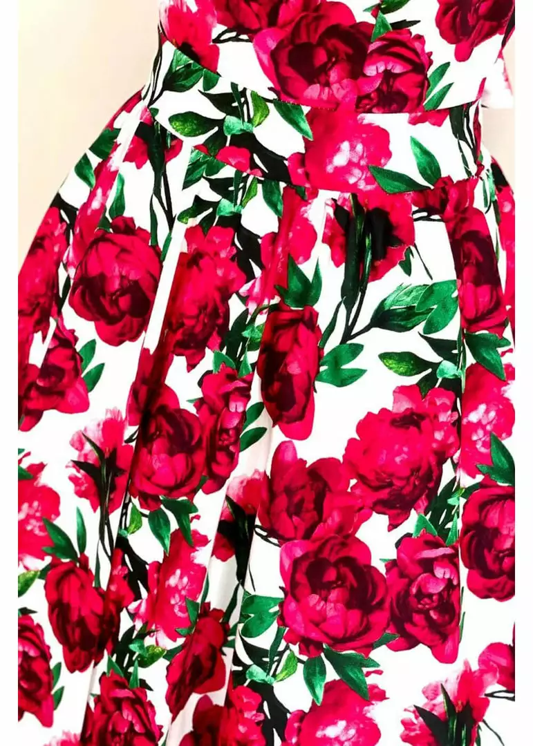 Lady Vintage Hepburn Red Flower 50's Swing Dress White 6 Lady Vintage Hepburn Red Flower 50's Swing Dress White