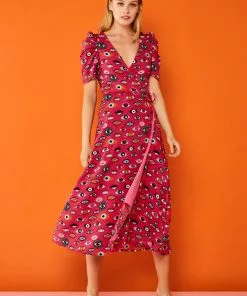 New In Minueto Eyes 70's Midi Dress Pink