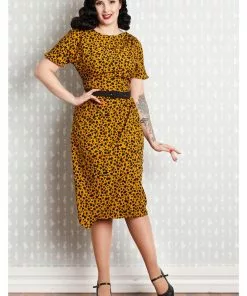 New In Miss Candyfloss Filomena 50's Pencil Dress Mustard