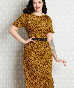 New In Miss Candyfloss Filomena 50's Pencil Dress Mustard