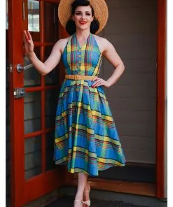 New In Miss Candyfloss Basillia Sun Tartan 50's Swing Dress Yellow