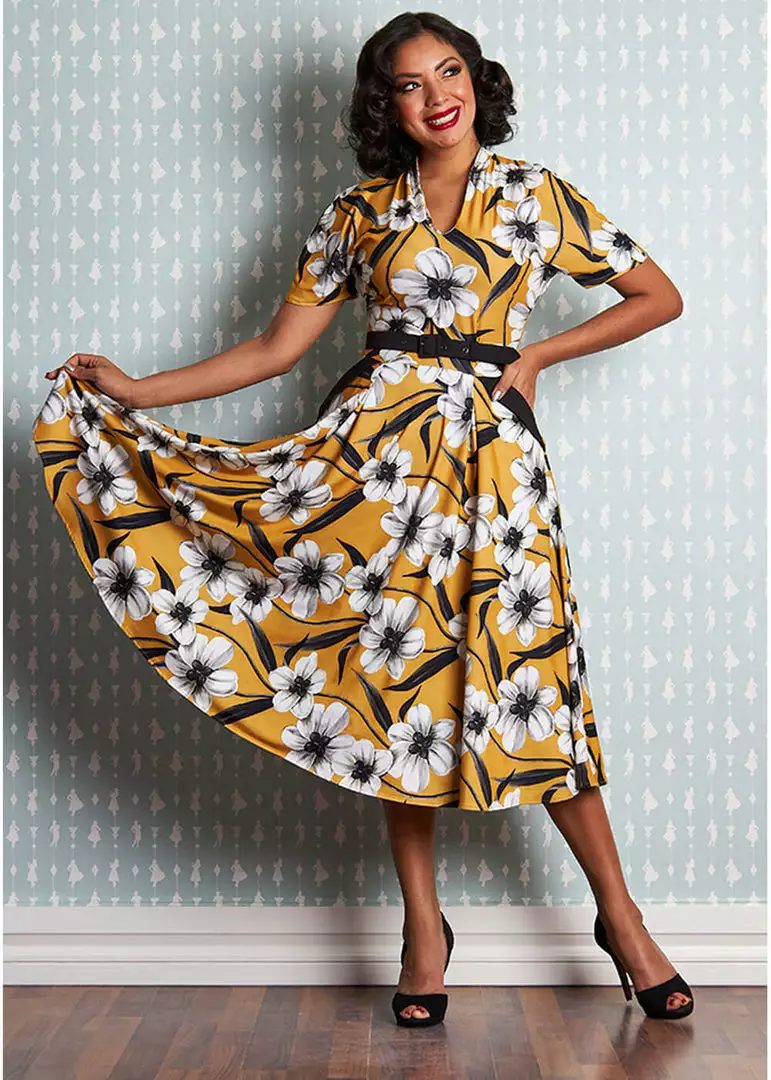 Miss Candyfloss Aslani 50's Floral Swing Dress Yellow New In 4 Miss Candyfloss Aslani 50's Floral Swing Dress Yellow New In