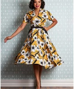 Miss Candyfloss Aslani 50's Floral Swing Dress Yellow New In 12 Miss Candyfloss Aslani 50's Floral Swing Dress Yellow New In