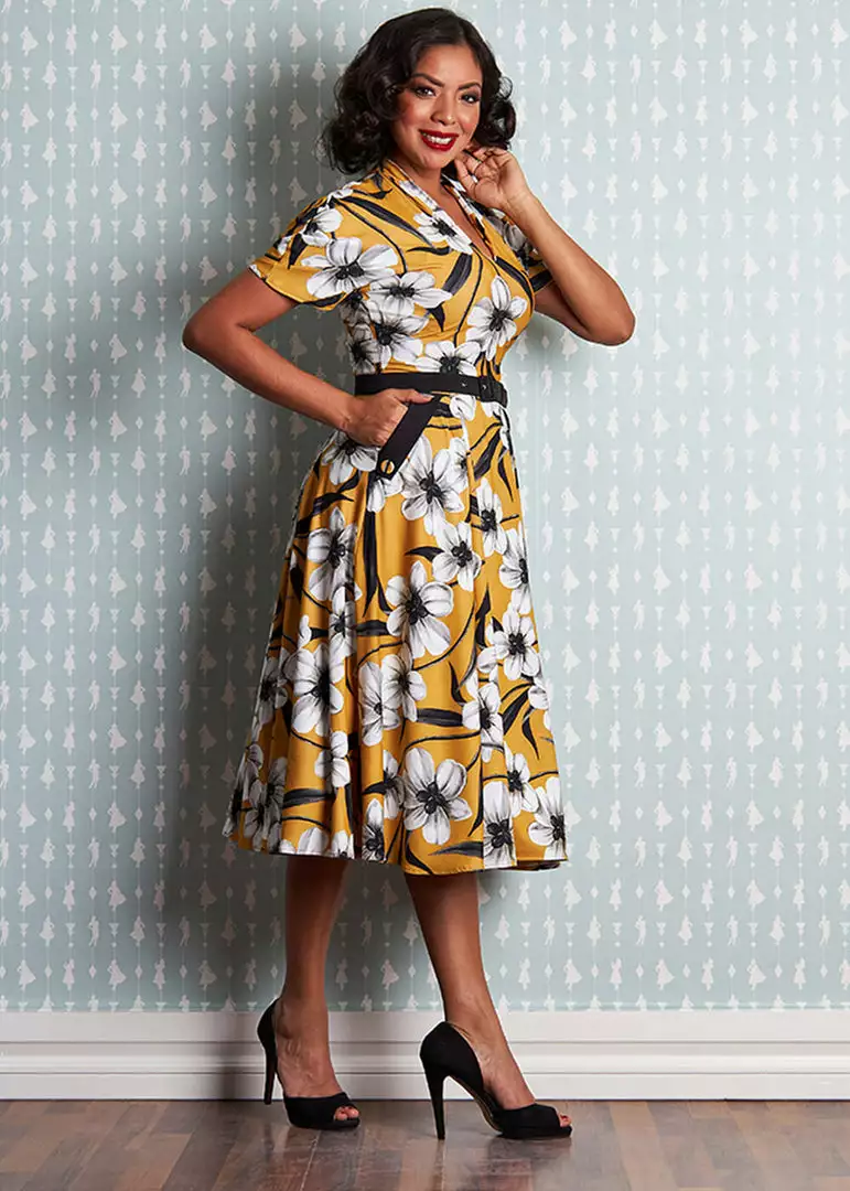 Miss Candyfloss Aslani 50's Floral Swing Dress Yellow New In 7 Miss Candyfloss Aslani 50's Floral Swing Dress Yellow New In