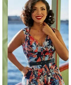 New In Miss Candyfloss Zelene Lee Floral 70's Jumpsuit Navy Blue