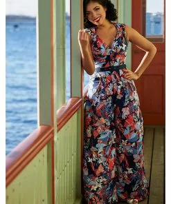 New In Miss Candyfloss Zelene Lee Floral 70's Jumpsuit Navy Blue