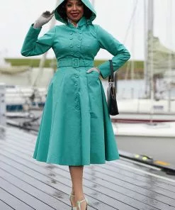 New In Miss Candyfloss Luelle Kat Water Resistant 50's Trenchcoat Teal
