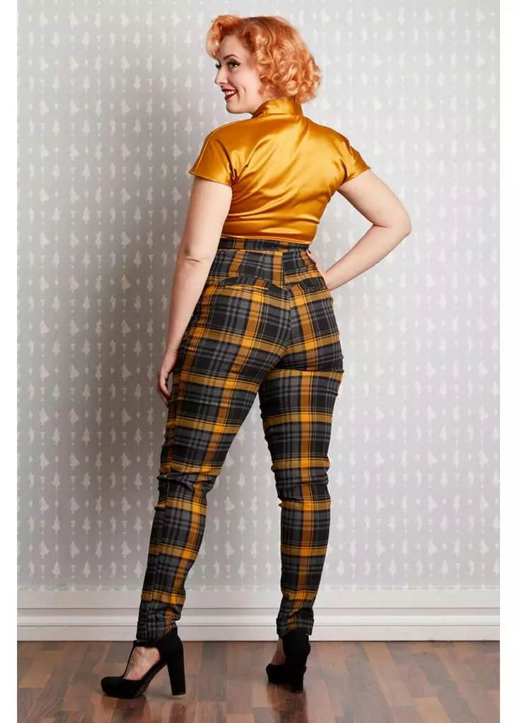 New In Miss Candyfloss Luca Tartan 50's Trousers Mustard 4 New In Miss Candyfloss Luca Tartan 50's Trousers Mustard