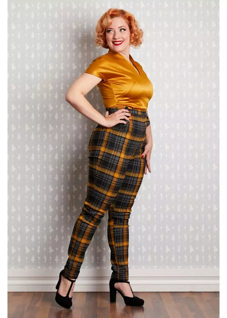 New In Miss Candyfloss Luca Tartan 50's Trousers Mustard 5 New In Miss Candyfloss Luca Tartan 50's Trousers Mustard