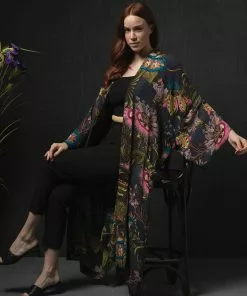 One Hundred Stars Eccentric Blooms Crepe Long Kimono Grey New In