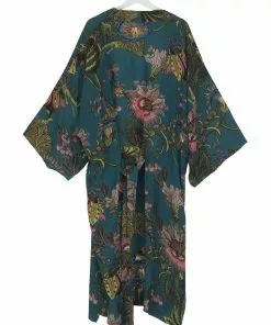One Hundred Stars Eccentric Blooms Crepe Long Kimono Teal New In
