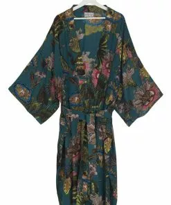 One Hundred Stars Eccentric Blooms Crepe Long Kimono Teal New In