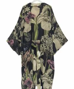 One Hundred Stars Iris Crepe Long Kimono Black New In