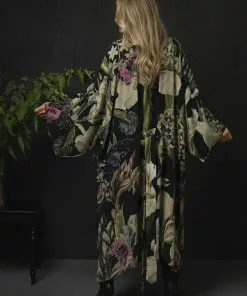 One Hundred Stars Iris Crepe Long Kimono Black New In