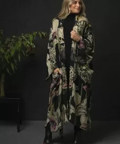 One Hundred Stars Iris Crepe Long Kimono Black New In