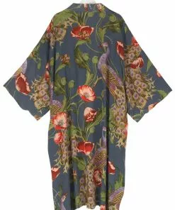 One Hundred Stars Peacock & Poppies Crepe Long Kimono Grey New In