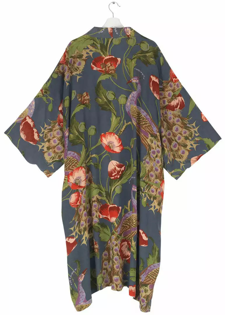 One Hundred Stars Peacock & Poppies Crepe Long Kimono Grey New In 4 One Hundred Stars Peacock & Poppies Crepe Long Kimono Grey New In
