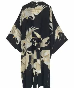 New In One Hundred Stars Stork Crepe Long Kimono Black