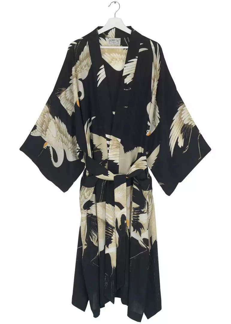 New In One Hundred Stars Stork Crepe Long Kimono Black 6 New In One Hundred Stars Stork Crepe Long Kimono Black
