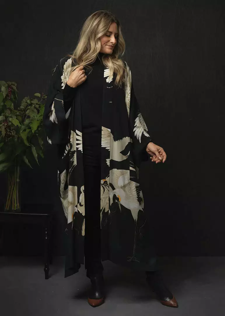 New In One Hundred Stars Stork Crepe Long Kimono Black 5 New In One Hundred Stars Stork Crepe Long Kimono Black