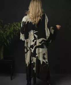 New In One Hundred Stars Stork Crepe Long Kimono Black