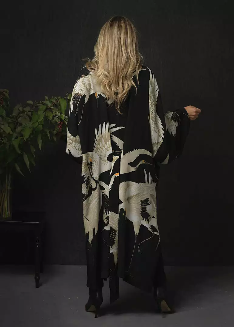 New In One Hundred Stars Stork Crepe Long Kimono Black 3 New In One Hundred Stars Stork Crepe Long Kimono Black