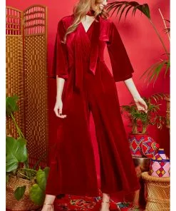 Onjenu Laurie Velvet 70's Jumpsuit In Bordeaux