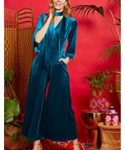 New In Onjenu Laurie 70's Velvet Jumpsuit In Teal
