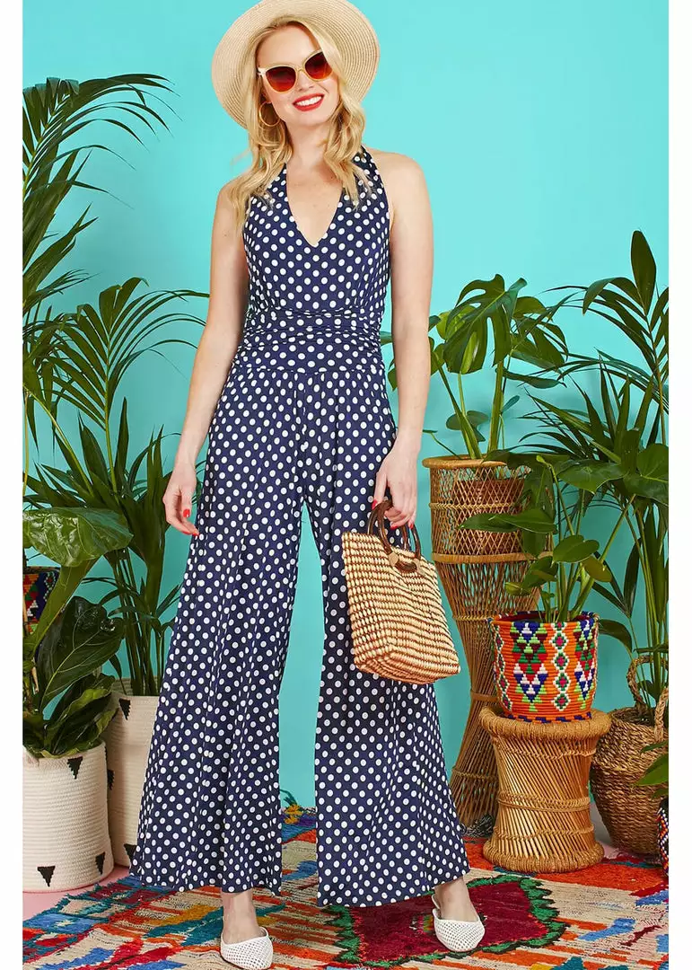 New In Onjenu Ciara Polkadot 70's Jumpsuit Navy Blue 4 New In Onjenu Ciara Polkadot 70's Jumpsuit Navy Blue
