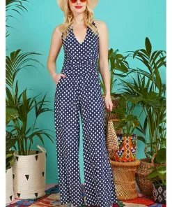 New In Onjenu Ciara Polkadot 70's Jumpsuit Navy Blue