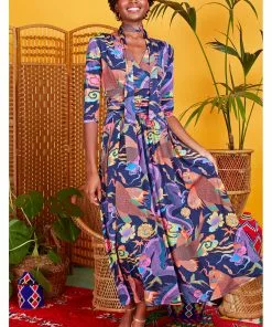 Onjenu Crawford Neon Dragon 70's Maxi Dress Navy New In