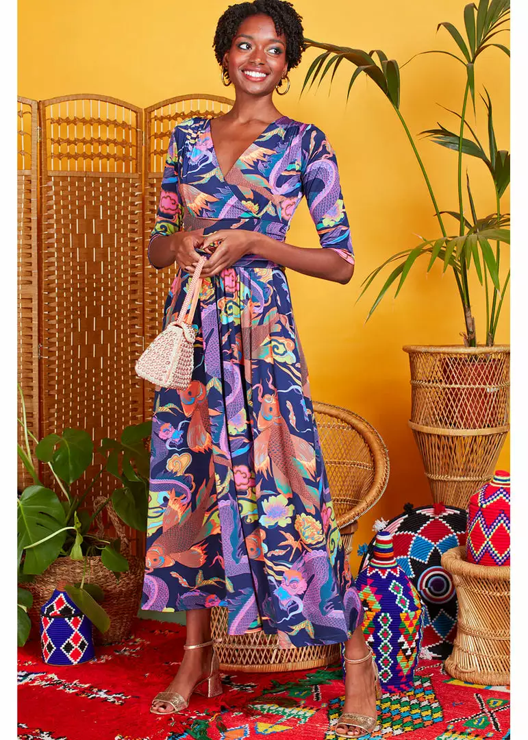 Onjenu Crawford Neon Dragon 70's Maxi Dress Navy New In 6 Onjenu Crawford Neon Dragon 70's Maxi Dress Navy New In