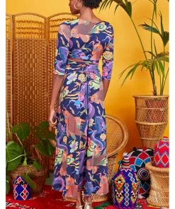 Onjenu Crawford Neon Dragon 70's Maxi Dress Navy New In