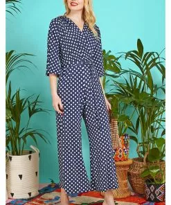 New In Onjenu Laurie Polkadot 70's Jumpsuit Navy