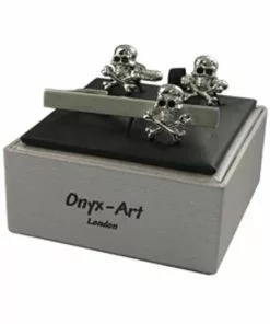 Onyx Art Men Set Cufflinks With Tie Bar Skull And Crossbone Silver New In
