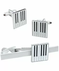 Onyx Art Men Set Cufflinks With Tie Bar Music Keyboard Black White