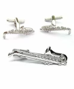 New In Onyx Art Men Set Cufflinks With Tie Bar Saxophone Silver